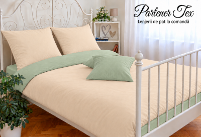 Lenjerie de pat bumbac Ranforce - Bej deschis cu verde salvie