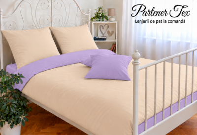 Lenjerie de pat bumbac Ranforce - Bej deschis cu mov lavanda