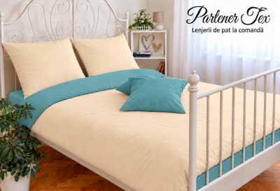 Lenjerie de pat bumbac Ranforce - Bej deschis cu verde laguna